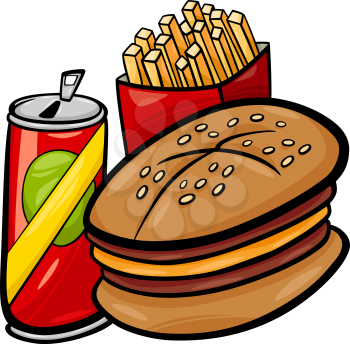 Cartoon Illustration of Fast Food Set with Hamburger and French Fries and Soda Clip Art