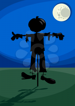 Cartoon Illustration of Spooky Halloween Scarecrow Fright in the Moonlight