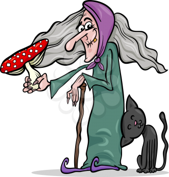 Cartoon Illustration of Funny Fantasy or Halloween Witch with Black Cat and Poisonous Toadstool Mushroom