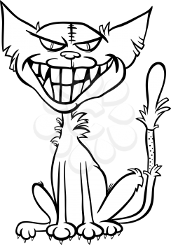 Black and White Cartoon Illustration of Scary Halloween Zombie Bad Cat for Coloring Book
