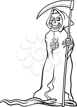 Black and White Cartoon Illustration of Spooky Halloween Death with Scythe or Skeleton Character for Coloring Book