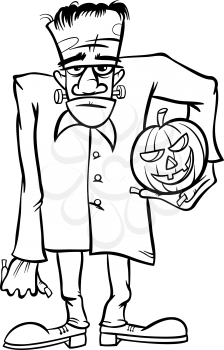 Black and White Cartoon Illustration of Spooky Halloween Zombie or Frankenstein Like Monster for Coloring Book