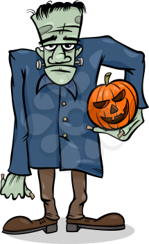 Cartoon Illustration of Spooky Halloween Zombie with Pumpkin or Frankenstein Like Monster