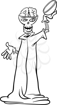 Black and White Cartoon Illustration of Spooky Halloween Skeleton or Death Character for Coloring Book