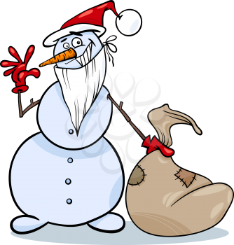 Cartoon Illustration of Snowman as Santa Claus Character with Sack Full of Christmas Presents and Gifts