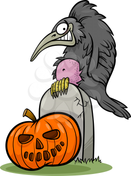 Cartoon Illustration of Spooky Raven or Crow on the Grave with Halloween Pumpkin