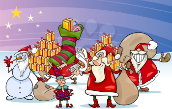 Cartoon Illustration of Santa Claus Group with Presents and Snowman and other Christmas Characters