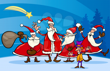 Cartoon Illustration of Santa Claus Group with Elf Christmas Characters