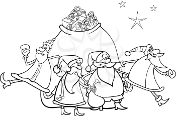 Black and White Cartoon Illustration of Santa Claus Group Christmas Characters with Big Sack of Gifts for Coloring Book