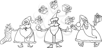 Black and White Cartoon Illustration of Santa Claus Characters Group with Christmas Presents or Gifts for Coloring Book
