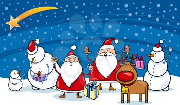 Cartoon Illustration of Santa Claus Characters Group with Snowman and Reindeer