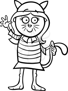 Black and White Cartoon Illustration of Cute Little Girl in Cat Costume for Fancy Ball for Coloring Book