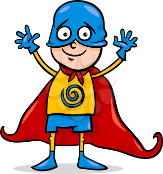 Cartoon Illustration of Cute Little Boy in Superhero Costume for Fancy Ball