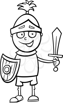 Black and White Cartoon Illustration of Cute Little Boy in Knight Costume for Fancy Ball for Coloring Book
