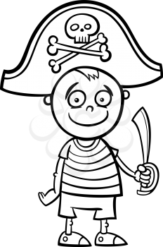 Black and White Cartoon Illustration of Cute Little Boy in Pirate Costume for Fancy Ball for Coloring Book