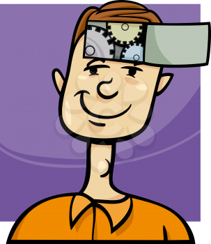 Concept Cartoon Illustration of Clever Young Man with Cogs in his Head