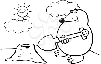 Black and White Cartoon Illustration of Funny Cute Mole with Shovel for Coloring Book