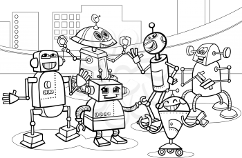 Black and White Cartoon Illustration of Funny Robots or Droids Group for Coloring Book