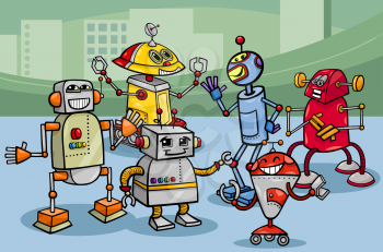 Cartoon Illustration of Funny Robots or Droids Group