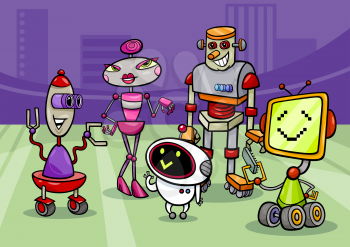 Cartoon Illustration of Funny Robots or Droids Group