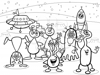 Black and White Cartoon Illustrations of Fantasy Aliens or Martians Comic Mascot Characters Group for Coloring Book