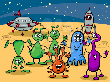 Cartoon Illustrations of Fantasy Aliens or Martians Comic Mascot Characters Group