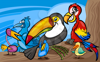 Cartoon Illustrations of Funny Exotic Birds Mascot Characters Group for Children