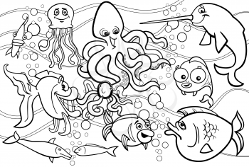 Black and White Cartoon Illustrations of Funny Sea Life Animals and Fish Mascot Characters Group for Children for Coloring Book