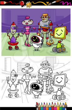 Coloring Book or Page Cartoon Illustration of Black and White Robots Characters Group for Children