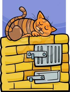 Royalty Free Clipart Image of a cartoon of a Cat Sleeping on a Stove