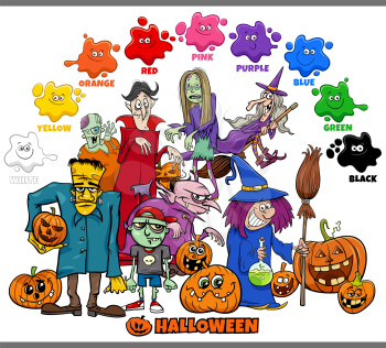 Educational cartoon illustration of basic colors with Halloween holiday characters group