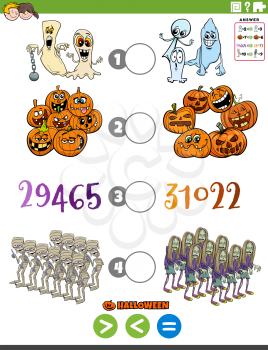 Cartoon illustration of educational mathematical puzzle game of greater than, less than or equal to for children with Halloween characters and numbers worksheet page