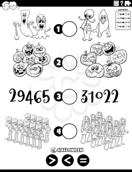 Black and white cartoon illustration of educational mathematical puzzle game of greater than, less than or equal to for children with Halloween characters and numbers coloring book page