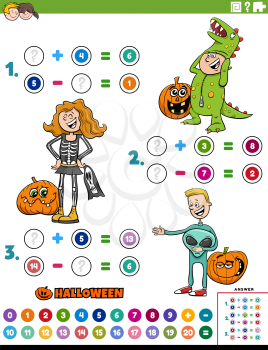Cartoon illustration of educational mathematical addition and subtraction puzzle task with kids characters on Halloween time