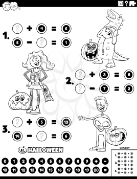 Black and white cartoon illustration of educational mathematical addition and subtraction puzzle task with kids characters on Halloween time coloring book page