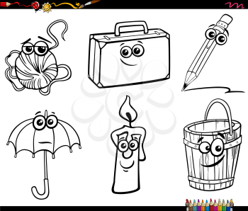 Black and white cartoon illustration of funny objects characters clip art set coloring book page
