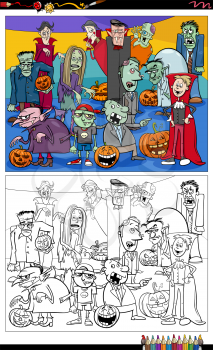 Cartoon illustration of Halloween or fantasy scary comic characters group coloring book page