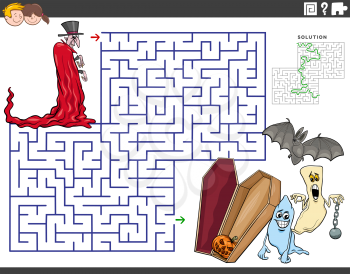 Cartoon illustration of educational maze puzzle game with vampire and Halloween characters