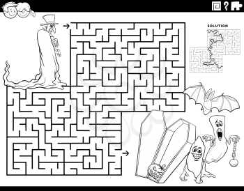 Black and white cartoon illustration of educational maze puzzle game with vampire and Halloween characters coloring book page