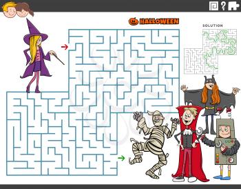 Cartoon illustration of educational maze puzzle game with kids on Halloween time