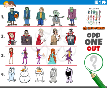 Cartoon illustration of odd one out picture in a row educational game for elementary age or preschool children with Halloween holiday characters