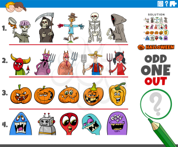 Cartoon illustration of odd one out picture in a row educational game for elementary age or preschool children with spooky Halloween holiday characters
