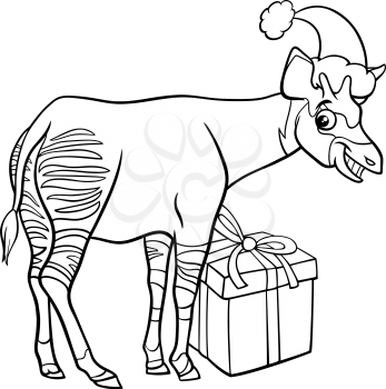 Black and white cartoon illustration of okapi animal character with present on Christmas time coloring book page