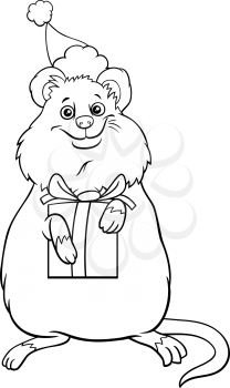 Black and white cartoon illustration of quokka animal character with present on Christmas time coloring book page