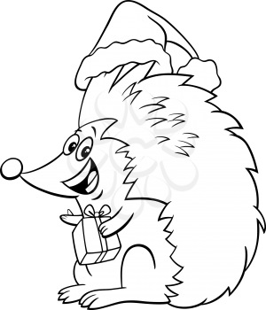 Black and white cartoon illustration of hedgehog animal character with present on Christmas time coloring book page