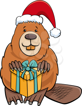 Cartoon illustration of beaver animal character with present on Christmas time