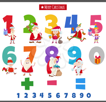 Cartoon illustration of educational numbers set from one to nine with Santa Claus and Christmas holiday characters