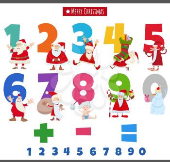 Cartoon illustration of educational numbers set from one to nine with funny Christmas holiday characters