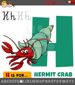 Educational cartoon illustration of letter H from alphabet with hermit crab animal character