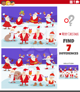 Cartoon illustration of finding differences between pictures educational activity for children with Santa Claus characters on Christmas time